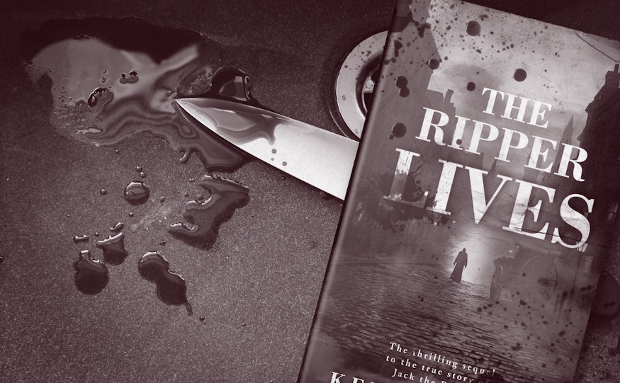 Ripper Lives promo image with book cover and bloody knife